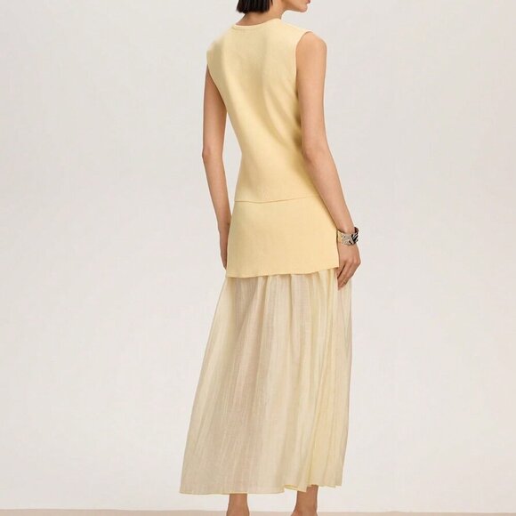 Yellow Elegant Womens V-Neck Sleeveless Top And Contrast Maxi Skirt Set - Picture 2 of 6